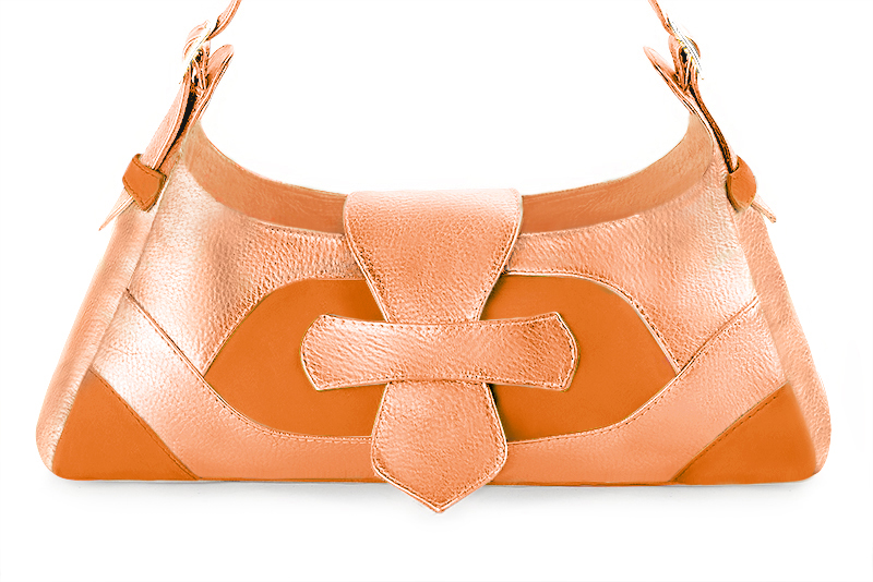 Apricot orange women's dress handbag, matching pumps and belts. Profile view - Florence KOOIJMAN